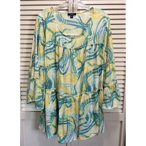 Cocomo Floral Yellow/Turq. Long Bell Sleeve Blouse Size 2XL Ruffle Scoop Neck‎